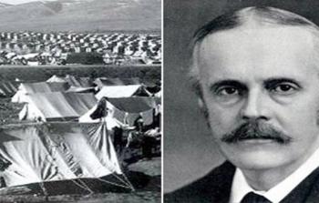 آرثر بلفور (يميناً) وخيام اللجوء (يساراً)