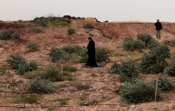 مزارعون يتفقدون أراضيهم التي جرفها الاحتلال (الأناضول)