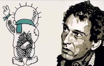 ناجي العلي وفي الإطار رسمته وتوقيعه 