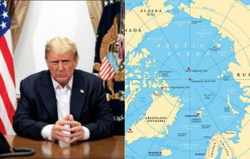 ترامب وفي الإطار خارطة جزيرة غرينلاند الدنماركية