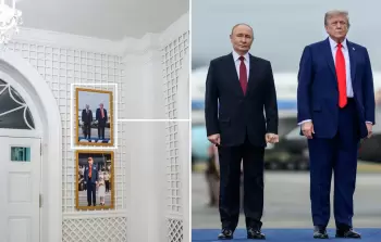 صورة الرئيس الأميركي دونالد ترمب ونظيره الروسي فلاديمير بوتين تظهر في البيت الأبيض (وكالات)