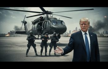 صورة تعبيرية تظهر الرئيس الأمريكي وفي الخلفية طائرة وجنود يقتادون الرئيس الفنزويلي مادورو