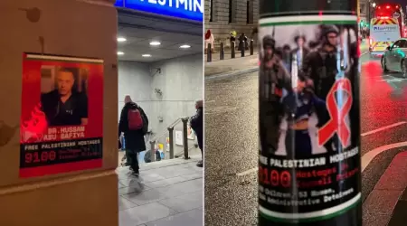 محطة مترو الأنفاق في ويستمنستر عليها صور 3 أسرى فلسطيينين في إطار حملة "أطلقوا الرهائن الفلسطينيين"