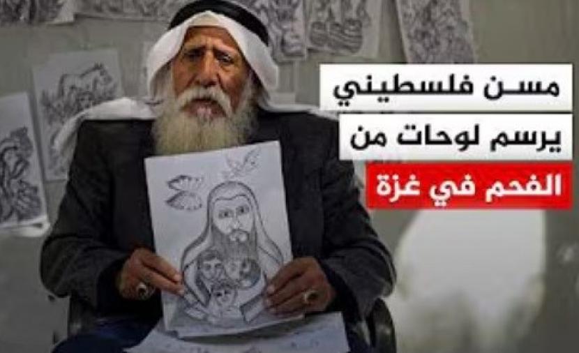 مسن فلسطيني يرسم لوحات من الفحم في غزة