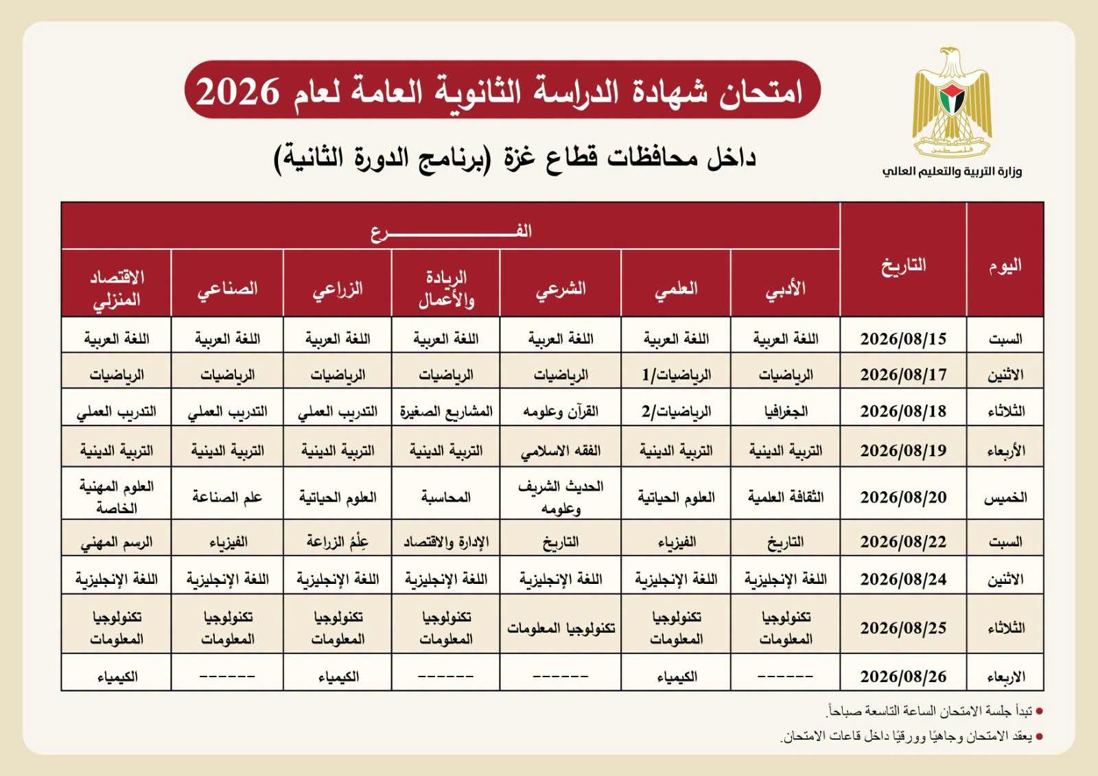 جدول امتحانات الثانوية العامة توجيهي 2026 في غزة للدورة ال2.jpg